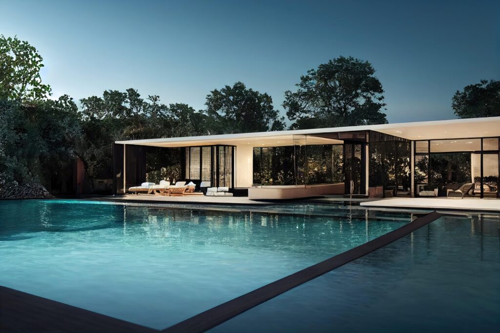 house, home, architecture, interior, exterior, swimming pool, pool, nature, furniture, garden, trees, door, windows, villa